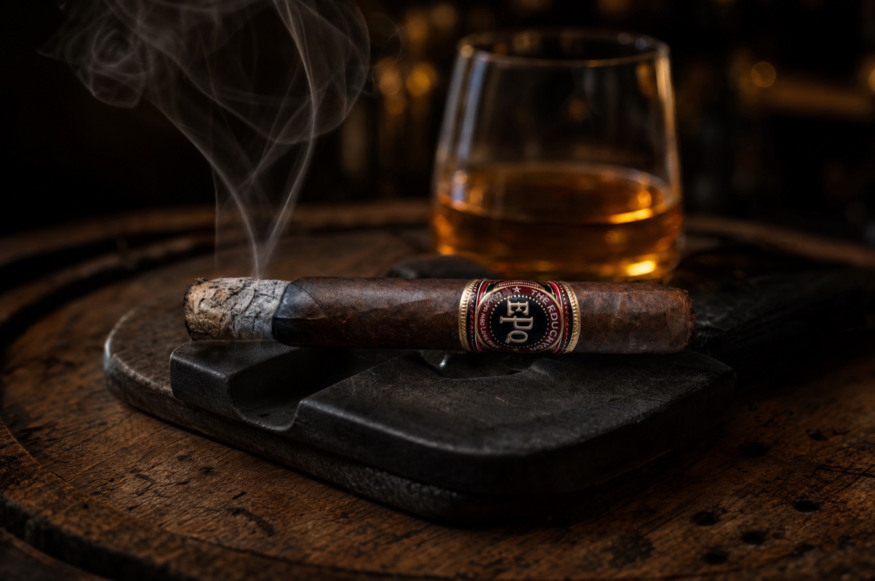 The Educator smoldering on a slate rest atop a barrel head, whisky glowing behind