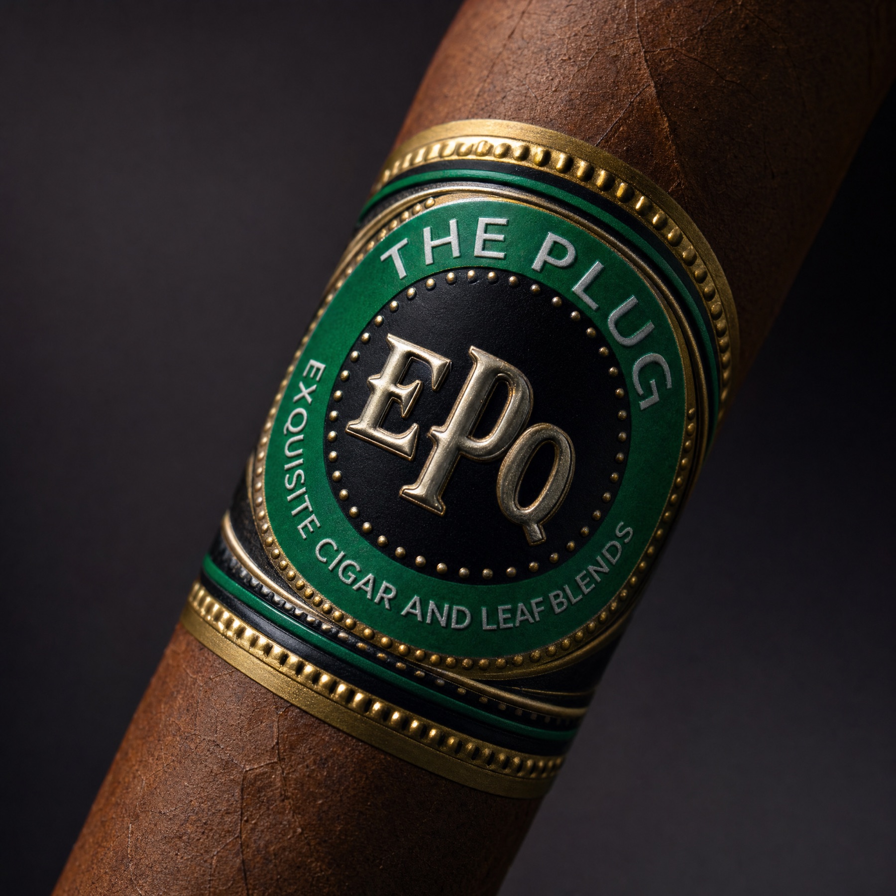 The Plug — macro of the green and gold EPQ band on its Ecuadorian Habano wrapper