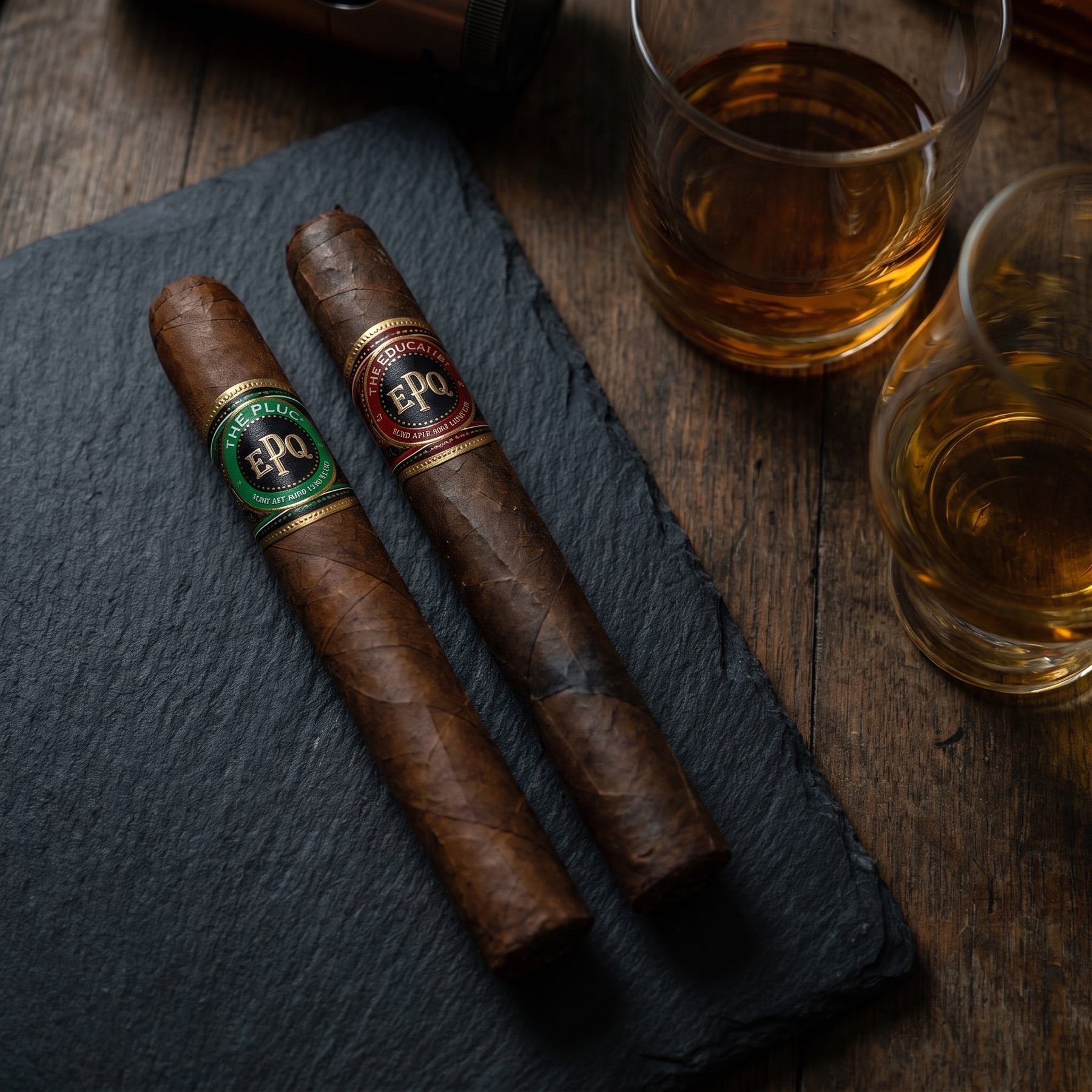 The Plug and The Educator side by side on slate with two pours of whisky