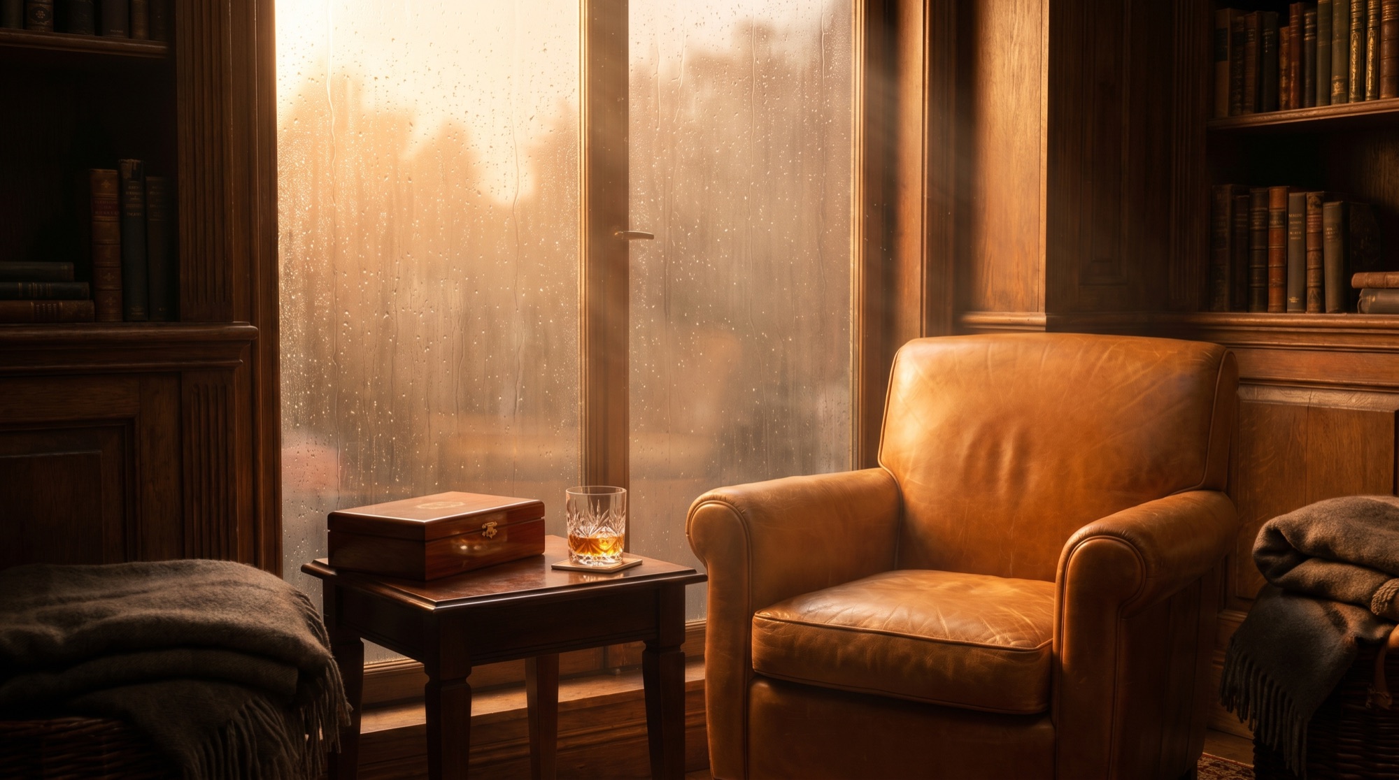 A leather armchair beside a rain-streaked window, with a humidor box and a pour of whisky on the side table